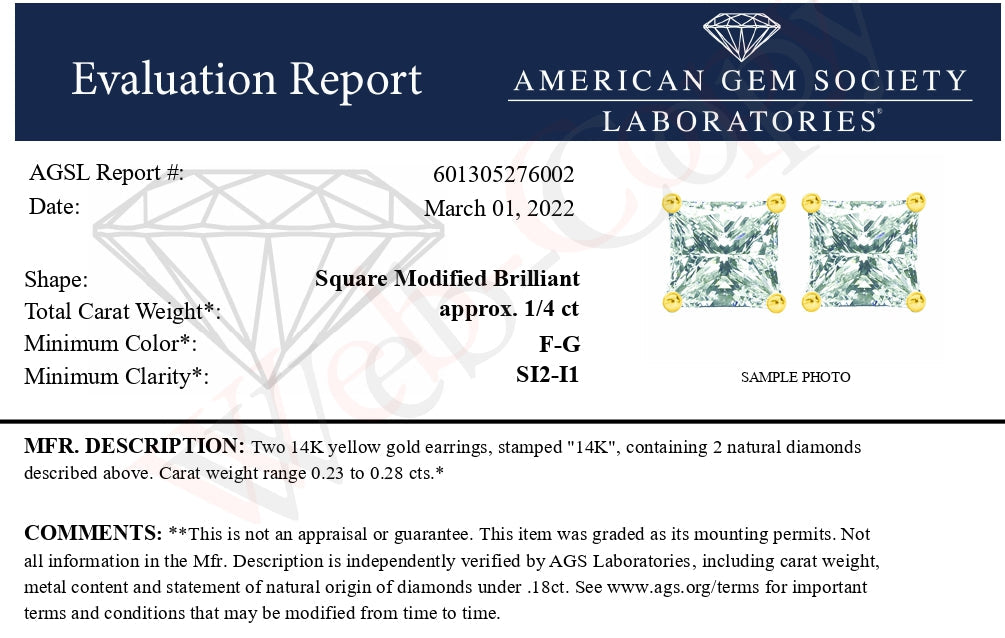 Pendientes de tuerca de oro amarillo de 14k con diamante solitario de corte princesa de 1/4 cttw, engaste de 4 puntas y cierre a presión, certificados por AGS (color F-G, claridad SI2-I1)