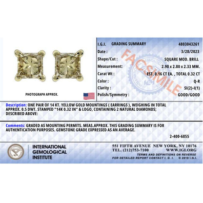 Pendientes de botón solitarios con diamantes de talla princesa de 1/3 Cttw en oro amarillo de 14k con engaste de 4 puntas, certificados por IGI (color Q-R, claridad I1-I2)