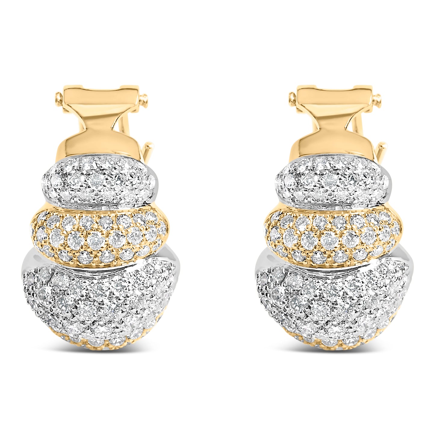 Pendientes de botón abombados de oro bicolor de 18K con diamantes de 5.00 Cttw de tres niveles y cierre Omega (color G-H, claridad VS2-SI1)