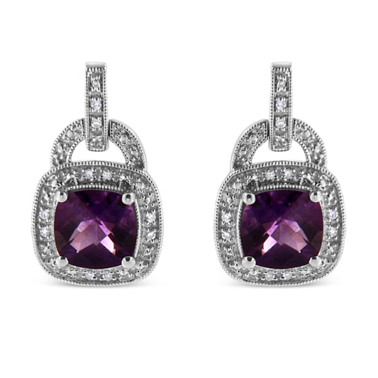 Pendientes colgantes de plata de ley .925 de 8 mm con halo de amatista natural talla cojín y acento de diamante con cierre a presión (color I-J, claridad I2-I3)
