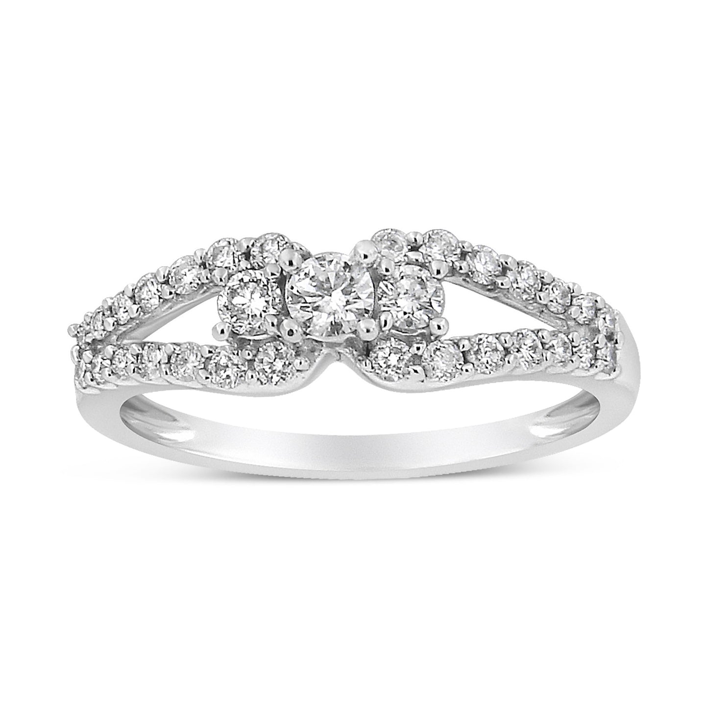 Anillo de oro blanco de 10K con 1/2 quilate de diamantes redondos de tres piedras con banda de brazo dividido (color H-I, claridad SI1-SI2) - Talla 6