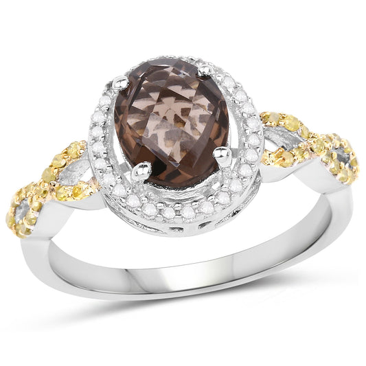 Anillo de plata de ley .925 con ónice ahumado genuino de 1,90 quilates, diamante amarillo y diamante blanco