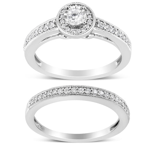 Anillo de compromiso de plata de ley .925 de 1/2 quilate con halo de diamantes y filigrana (color I-J, claridad I3) - Talla 7