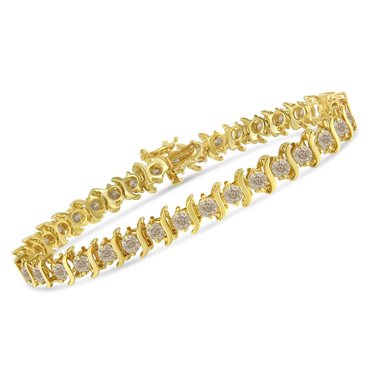 Pulsera de eslabones en "S" con diamantes redondos de talla brillante de 7,0 quilates engastados en 2 puntas, en plata de ley 925 chapada en oro amarillo de 10K (color J-K, claridad I1-I2) - 7"