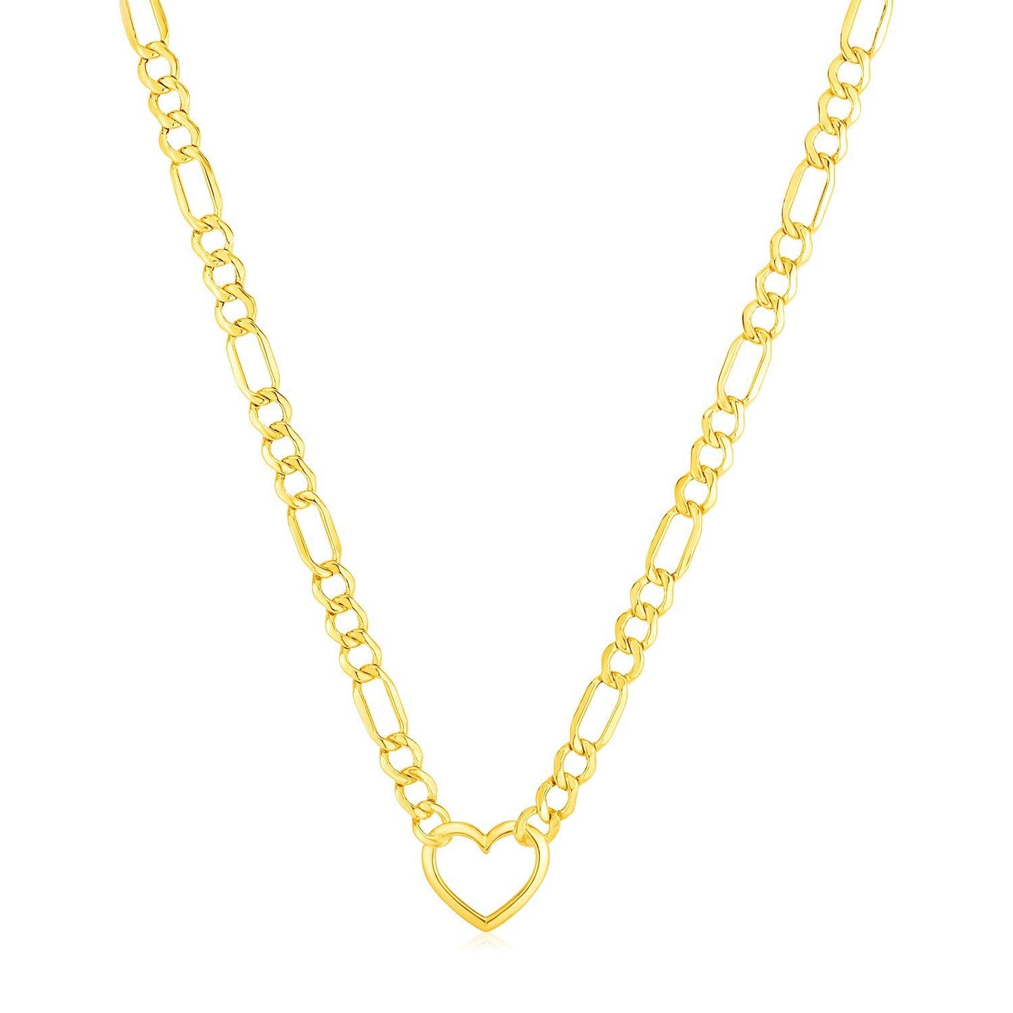 Collar de cadena Figaro de oro amarillo de 14k con corazón