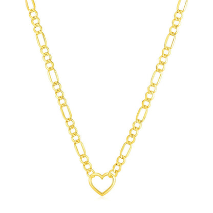 Collar de cadena Figaro de oro amarillo de 14k con corazón