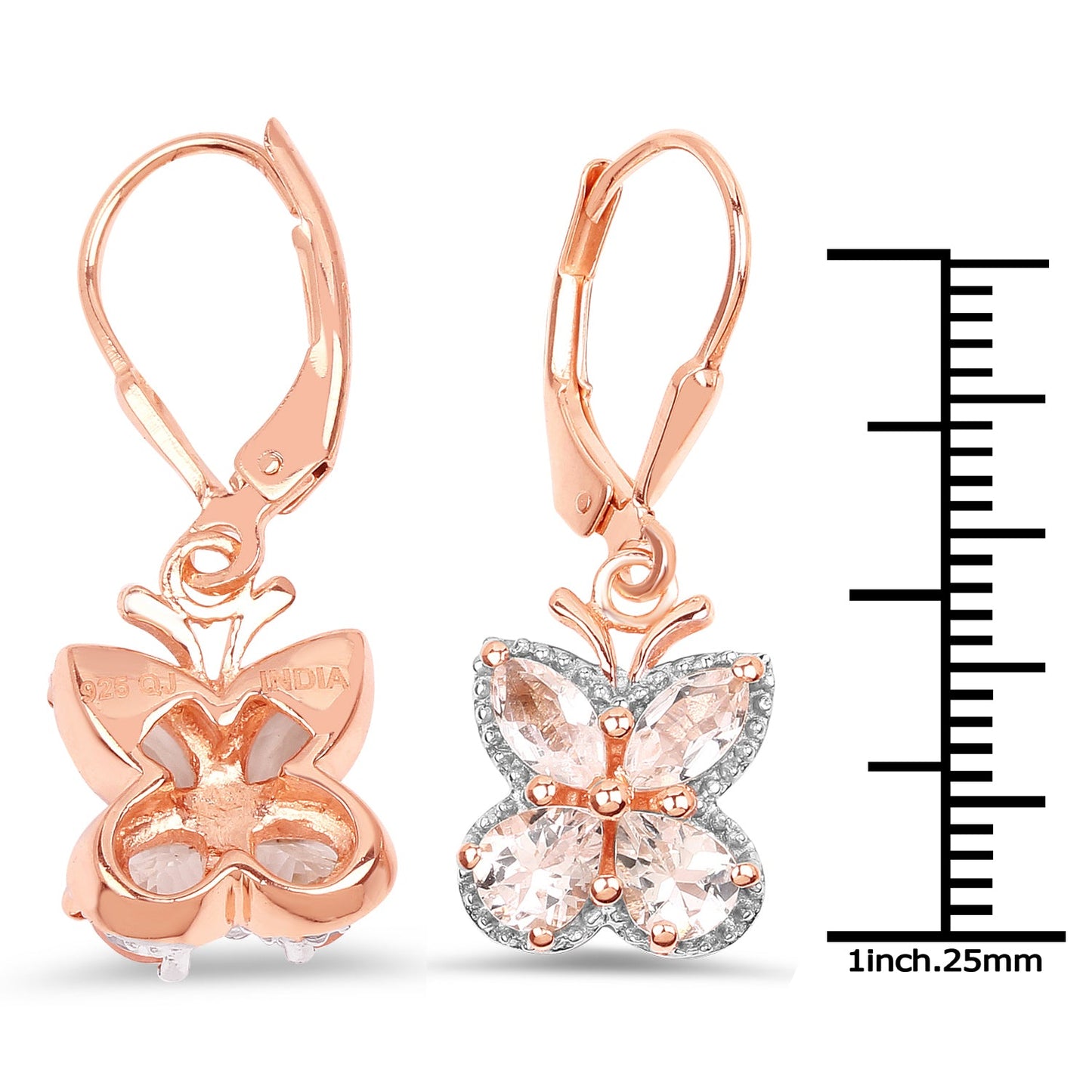 Aretes de plata esterlina .925 con morganita auténtica de 1.88 quilates bañados en oro rosa de 18K