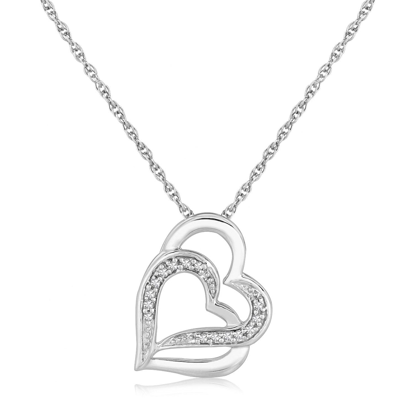 Colgante de plata de ley con motivo de doble corazón con diamantes (0,06 cttw)