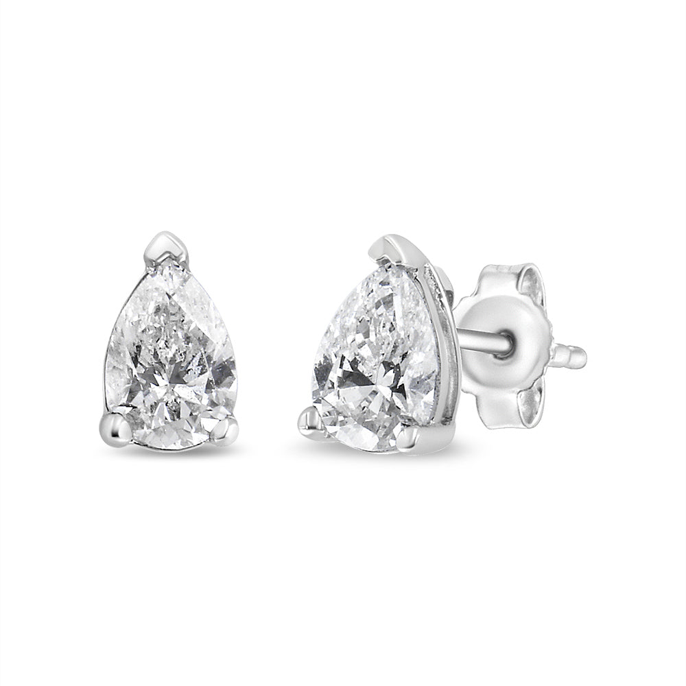 Pendientes de botón solitarios con diamantes cultivados en laboratorio en forma de pera de 1/2 quilate en oro blanco de 14K (color F-G, claridad VS2-SI1)