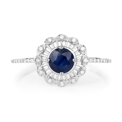 Anillo de oro blanco de 14K con zafiro azul genuino de 0.72 quilates y diamante blanco