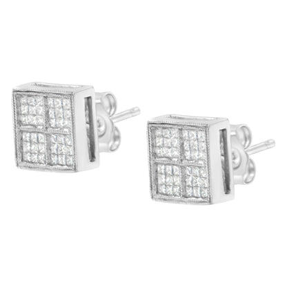 Pendientes de tuerca de oro blanco de 14 quilates de 1/2 quilate de peso total de diamantes de talla princesa con forma de caja y milgrain (Color H-I, Claridad SI1-SI2)