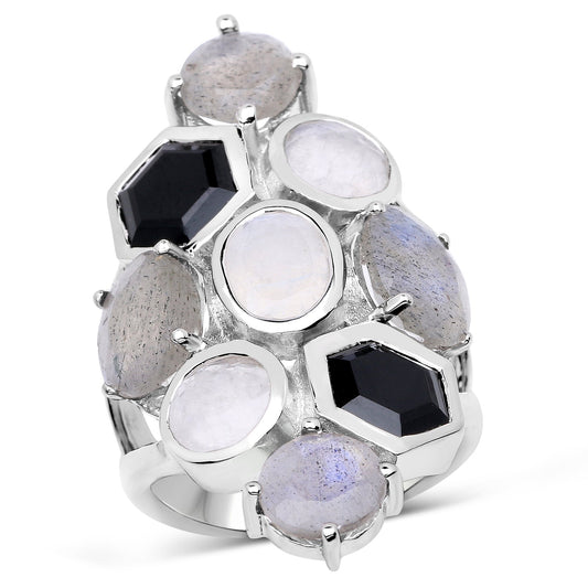Anillo de plata de ley .925 con auténtica piedra lunar arcoíris blanca de 10.30 quilates, labradorita y ónix negro