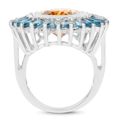 7.54 Carat Genuine Citrine & London Blue Topaz .925 Sterling Silver Ring