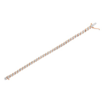 Pulsera de tenis de oro rosa de 14 quilates con baño de plata de ley .925 y diamante de 1/4 qt engastado en placa de ilusión con eslabones en "S" (color I-J, claridad I2-I3) - 7"