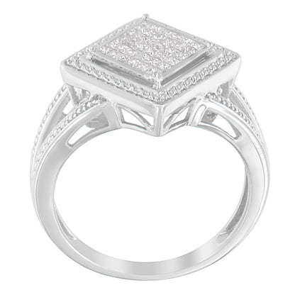 Anillo de plata de ley .925 con 1/3 Cttw de diamante de talla princesa en engaste invisible con rombo y halo de cuentas (color H-I, claridad SI1-SI2) - Talla de anillo 7