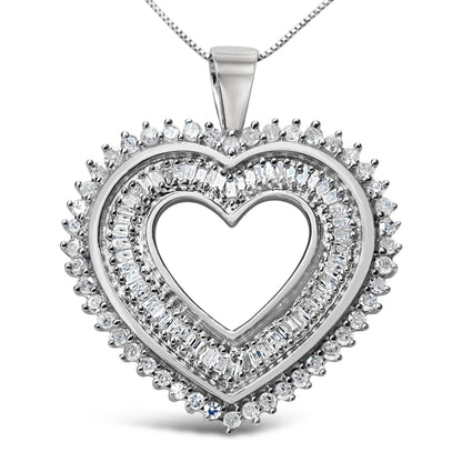 Collar con colgante de corazón de plata de ley .925 con diamantes redondos y baguette de 1.0 quilates, 18" (color H-I, claridad I3)