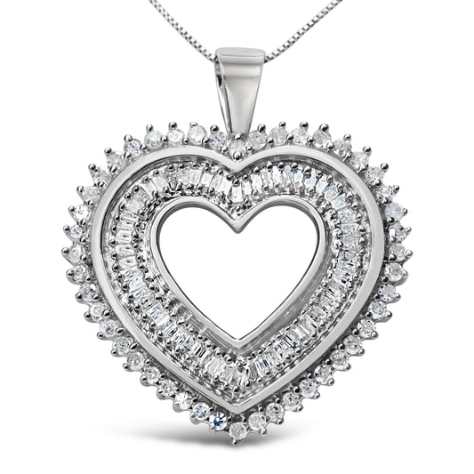 Collar con colgante de corazón de plata de ley .925 con diamantes redondos y baguette de 1.0 quilates, 18" (color H-I, claridad I3)