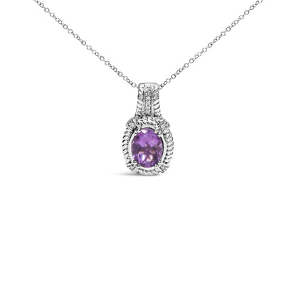 Colgante de gota de moda de plata de ley .925 con amatista morada ovalada de 9x7 mm y acentos de diamantes redondos, collar de 18 pulgadas (color I-J, claridad I1-I2)