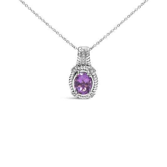 Colgante de gota de moda de plata de ley .925 con amatista morada ovalada de 9x7 mm y acentos de diamantes redondos, collar de 18 pulgadas (color I-J, claridad I1-I2)