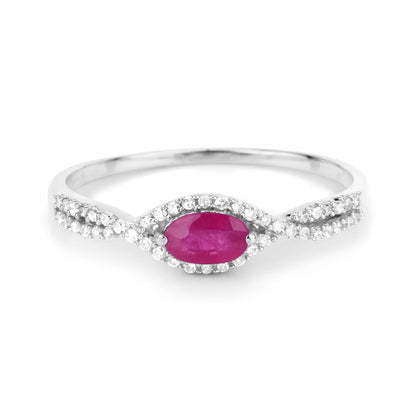 Anillo de oro blanco de 14K con rubí auténtico de 0,40 quilates y diamantes blancos