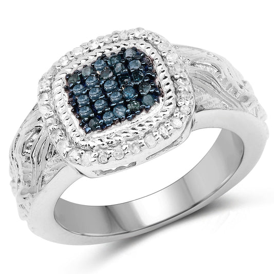 Anillo de plata de ley .925 con diamante azul genuino de 0,28 quilates y diamantes blancos