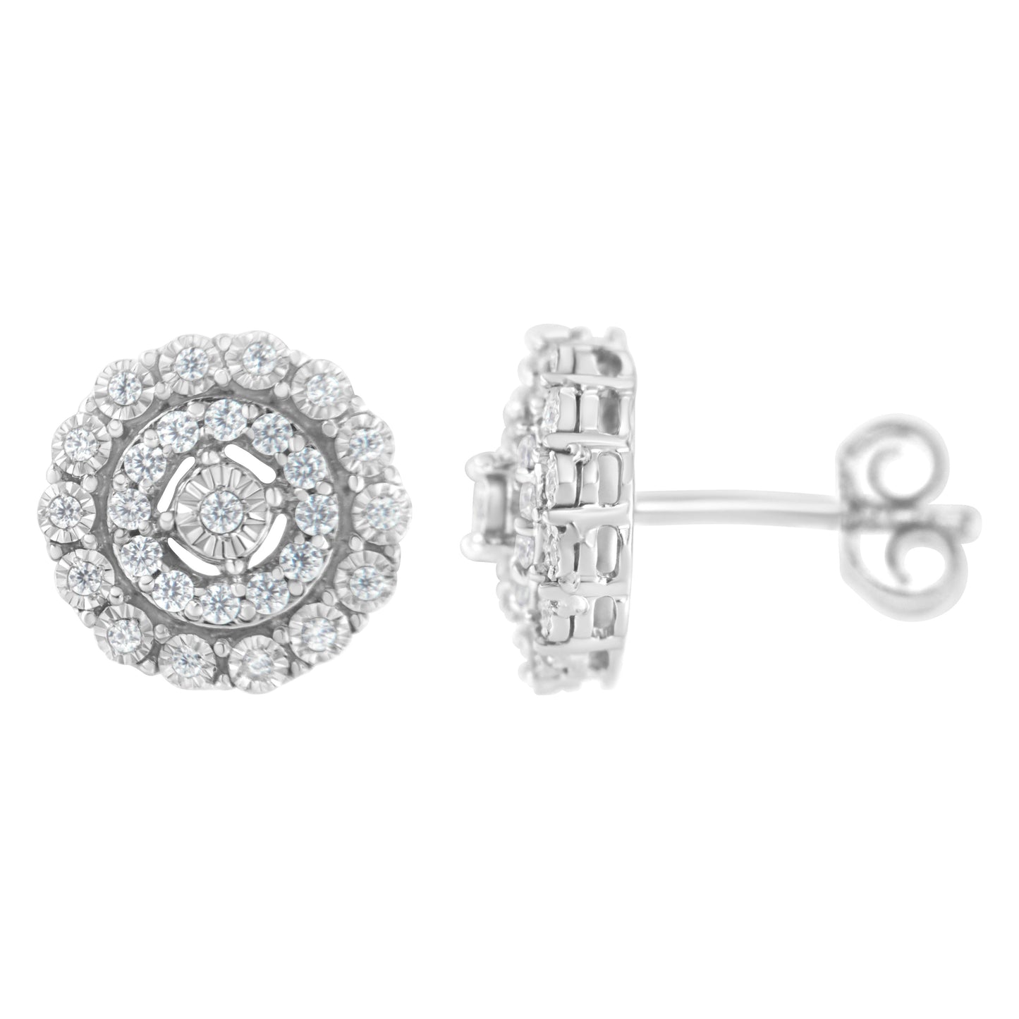 Pendientes de oro blanco de 10 quilates con doble halo de diamantes redondos talla brillante de 0,50 quilates en total (claridad I-J, color I2-I3)
