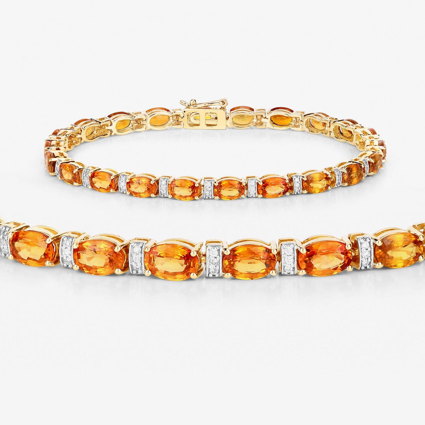 Pulsera de zafiro naranja genuino de 12,33 quilates y diamantes blancos de oro amarillo de 14 quilates