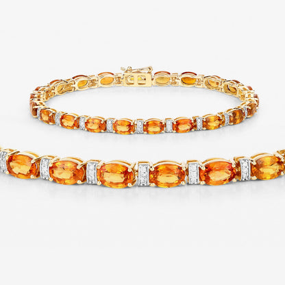 Pulsera de zafiro naranja genuino de 12,33 quilates y diamantes blancos de oro amarillo de 14 quilates