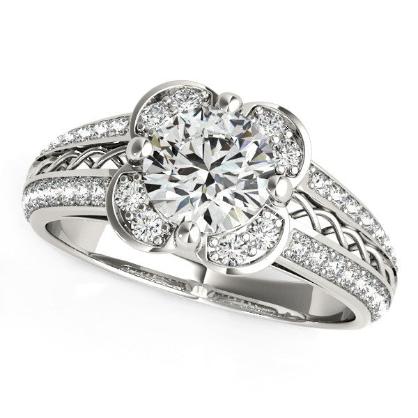 Anillo de compromiso con motivo floral y diamante redondo en oro blanco de 14k (1 3/8 cttw)