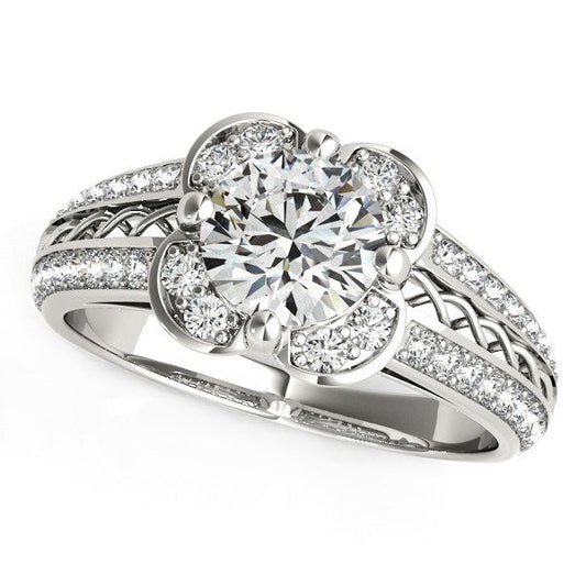 Anillo de compromiso con motivo floral y diamante redondo en oro blanco de 14k (1 3/8 cttw)
