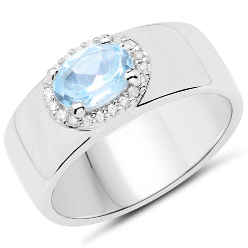 Anillo de plata de ley .925 con topacio azul genuino y topacio blanco de 1,07 quilates