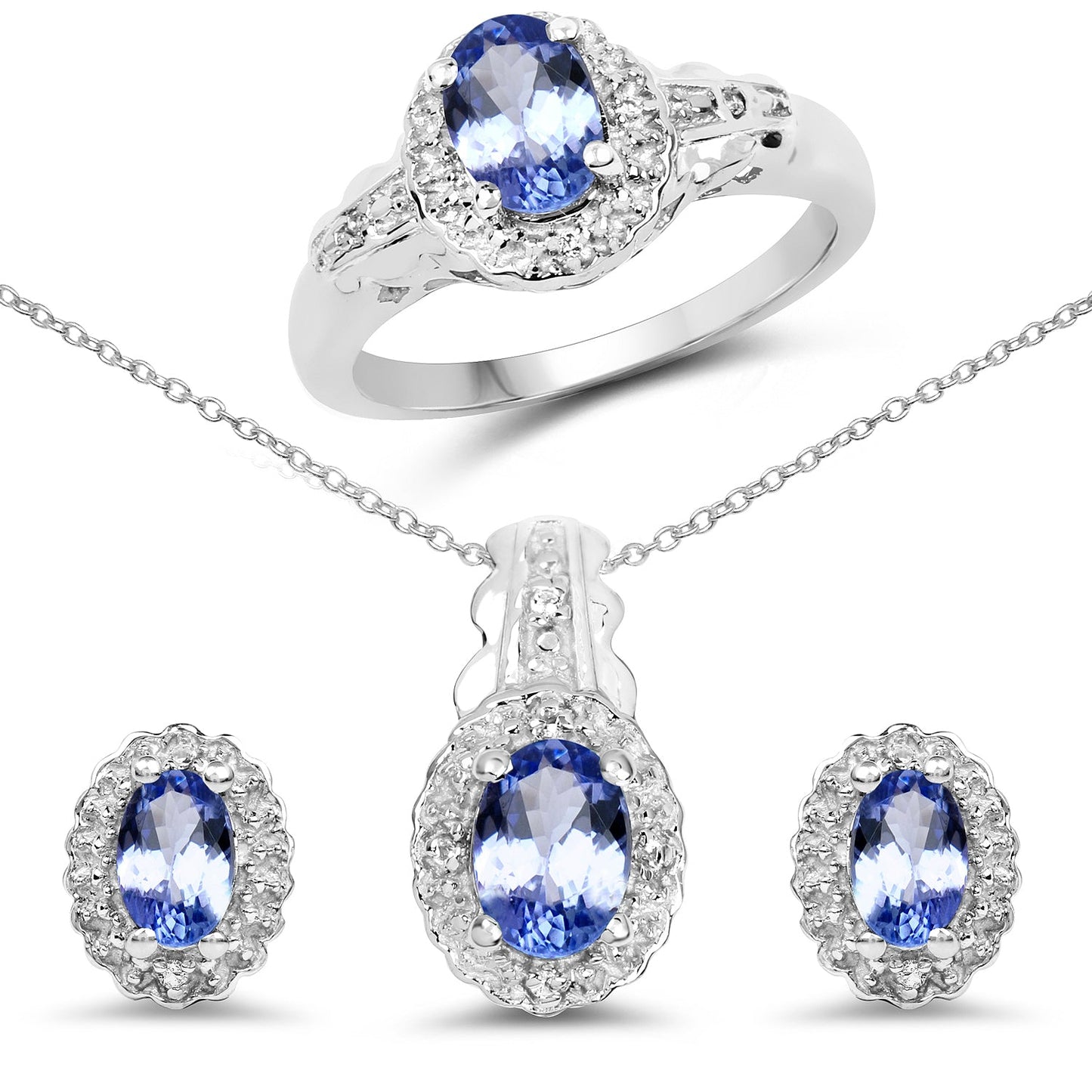 Juego de joyas de 3 piezas de plata esterlina .925 con tanzanita genuina de 2.46 quilates y topacio blanco (anillo, pendientes y colgante con cadena)