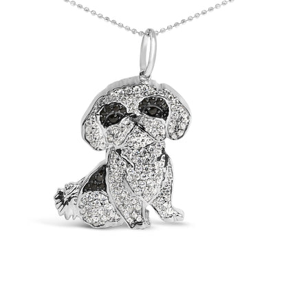 Collar con colgante de perro Shih Tzu de plata de ley .925 con diamantes de 1 1/4 Cttw de 45,7 cm (negro y color I-J, claridad I2-I3)