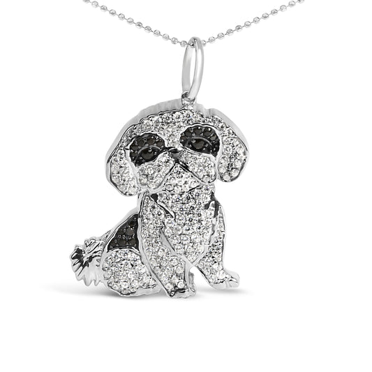 Collar con colgante de perro Shih Tzu de plata de ley .925 con diamantes de 1 1/4 Cttw de 45,7 cm (negro y color I-J, claridad I2-I3)