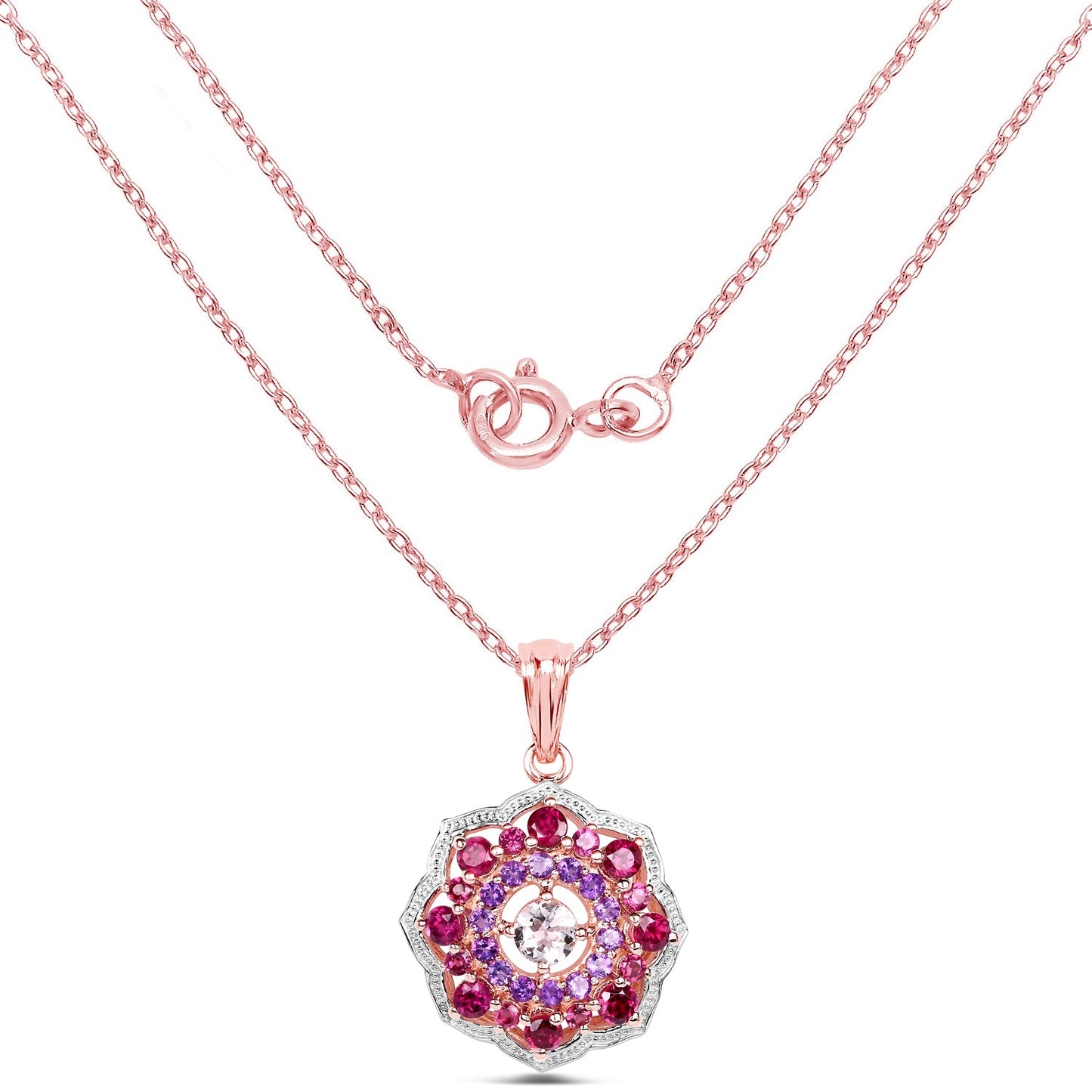 Colgante de plata de ley 925 con baño de oro rosa de 14 quilates, morganita, rodolita y amatista auténticas de 2,30 quilates