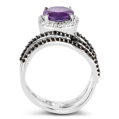 Anillo de Plata de Ley .925 con Amatista Genuina de 2.31 Quilates, Espinela Negra y Diamante Blanco
