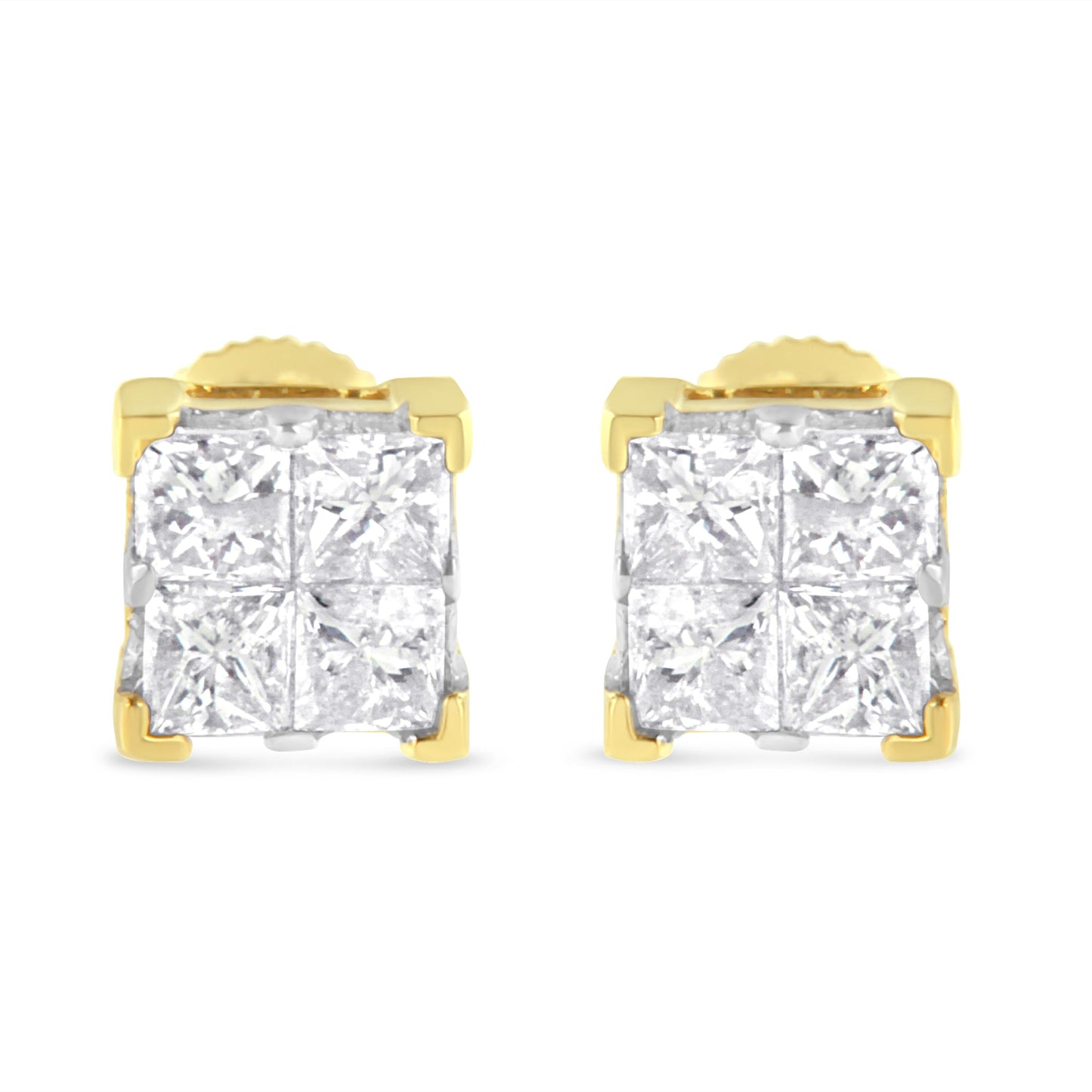 Pendientes de tuerca cuadrados con diamantes de talla princesa engastados invisibles de 3/4 Cttw en oro amarillo de 10K (color I-J, claridad I2-I3)