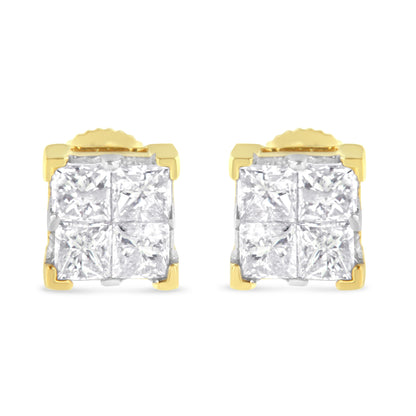Pendientes de tuerca cuadrados con diamantes de talla princesa engastados invisibles de 3/4 Cttw en oro amarillo de 10K (color I-J, claridad I2-I3)