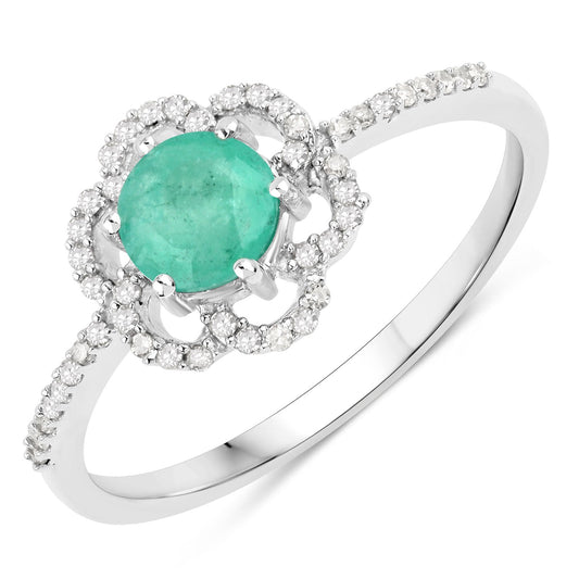 Anillo de oro blanco de 14K con esmeralda zambiana auténtica de 0,55 quilates y diamantes blancos