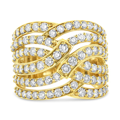 Anillo de cóctel con banda ondulada de varias filas de oro amarillo de 10 K y diamantes de 3,00 quilates (color J-K, claridad I1-I2) - Talla 7