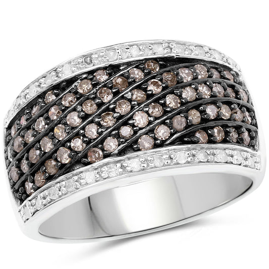 Anillo de plata de ley .925 con diamante de champaña genuino de 0.87 quilates y diamantes blancos