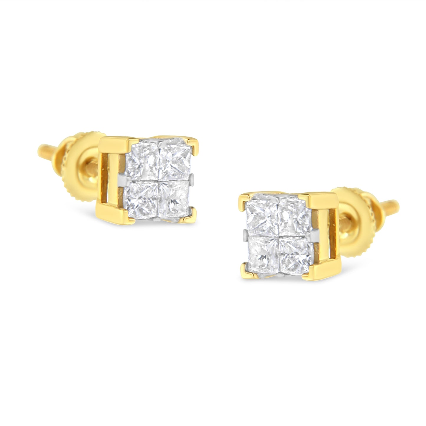Pendientes de tuerca cuadrados con diamantes de talla princesa engastados invisibles de 3/4 Cttw en oro amarillo de 10K (color I-J, claridad I2-I3)