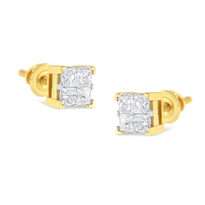 Pendientes de tuerca cuadrados con diamantes de talla princesa engastados invisibles de 3/4 Cttw en oro amarillo de 10K (color I-J, claridad I2-I3)