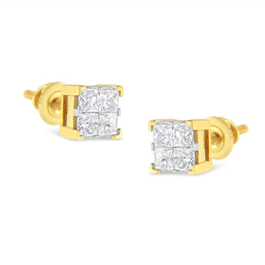 Pendientes de tuerca cuadrados con diamantes de talla princesa engastados invisibles de 3/4 Cttw en oro amarillo de 10K (color I-J, claridad I2-I3)