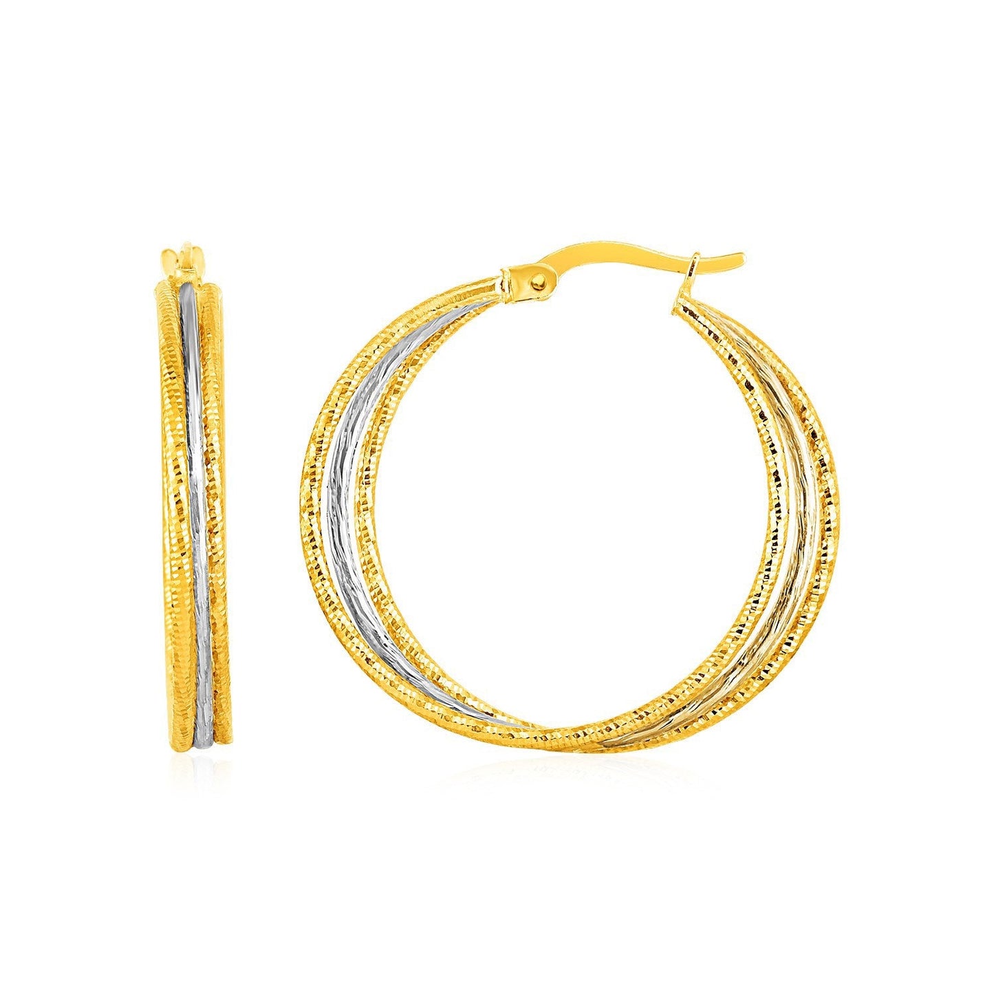 Pendientes de aro texturizados de tres partes en oro blanco y amarillo de 14k