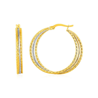 Pendientes de aro texturizados de tres partes en oro blanco y amarillo de 14k
