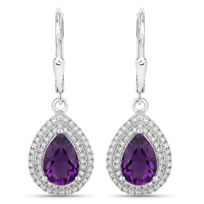 Aretes de amatista genuina de 2,77 quilates y diamantes blancos en plata de ley .925