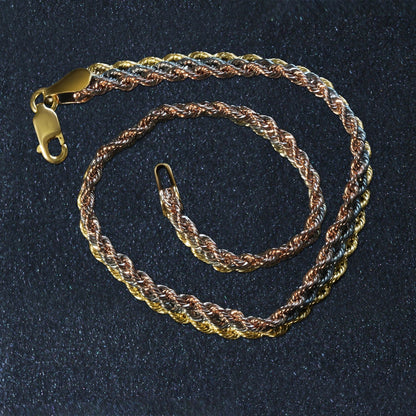 Pulsera de cadena de cuerda multistrand de oro tricolor de 10k (6.35 mm)