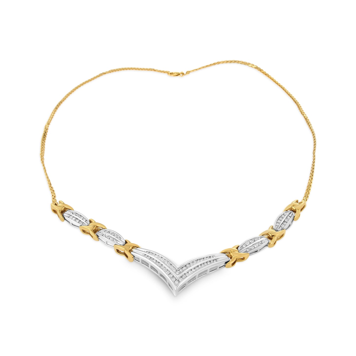 Collar llamativo en forma de "V" de oro amarillo y blanco de 10K con diamantes redondos y de talla princesa de 1.0 Cttw (color I-J, claridad I1-I2)