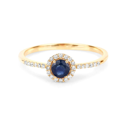 Anillo de oro amarillo de 14 quilates con zafiro azul genuino de 0,38 quilates y diamantes blancos